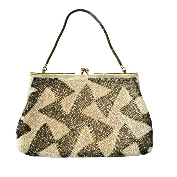 Vintage Handbags - Vintage Art Deco Beaded Handbag 50s 60s Era Handmade Silver Gold Pearl Hong Kong